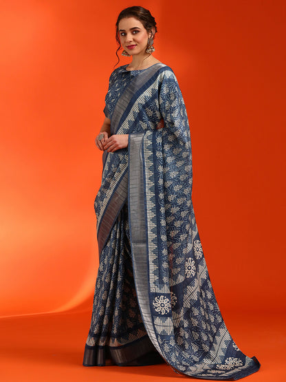 Women's Cotton Silk Navy Blue Printed Designer Saree With Blouse Piece
