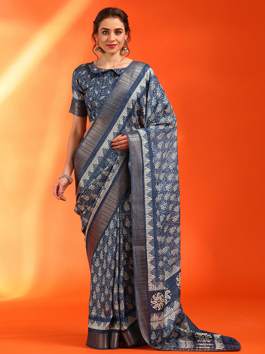 Women's Cotton Silk Navy Blue Printed Designer Saree With Blouse Piece