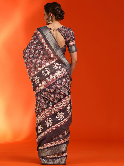 Women's Cotton Silk Burgundy Printed Designer Saree With Blouse Piece