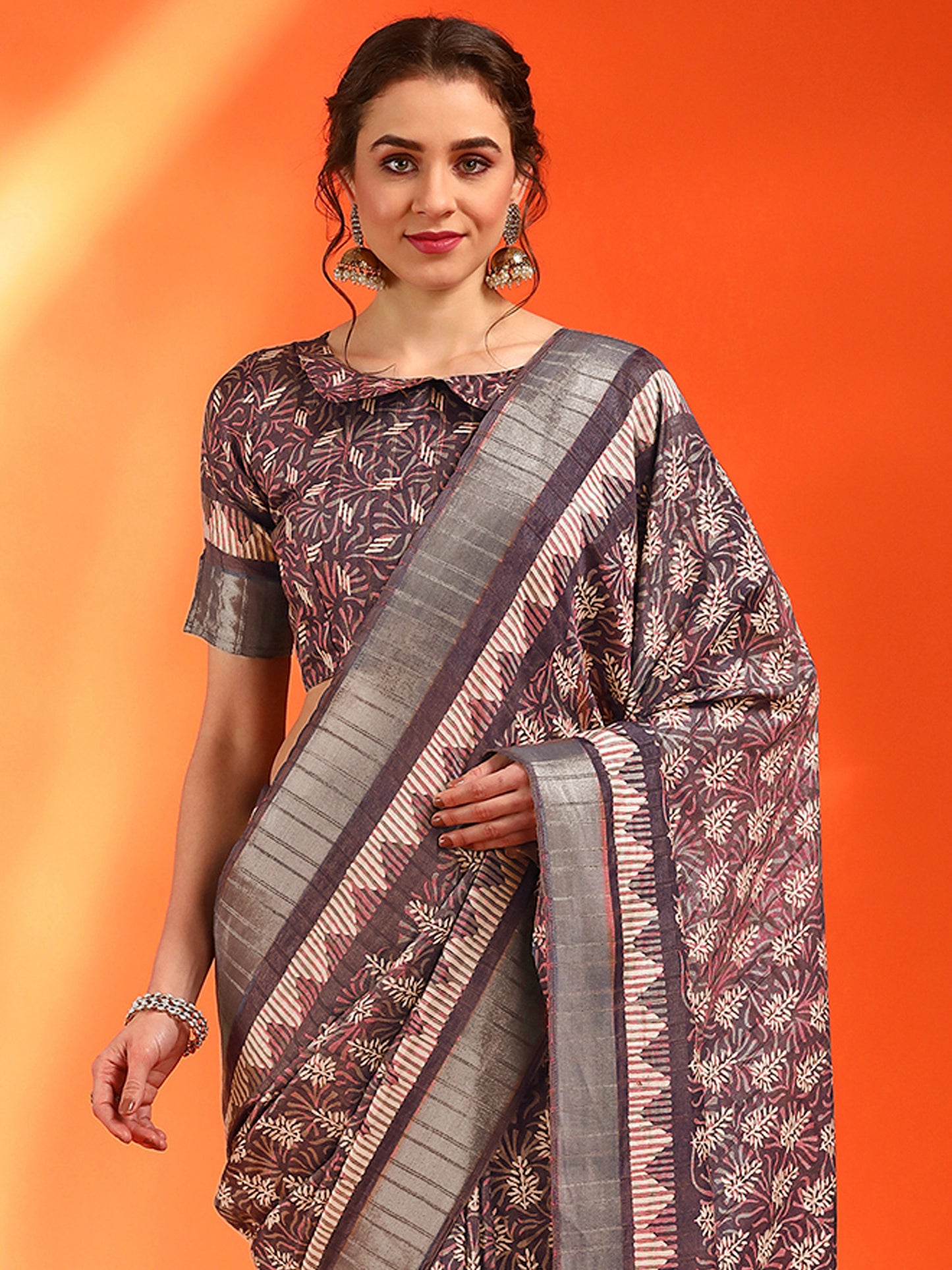 Women's Cotton Silk Burgundy Printed Designer Saree With Blouse Piece