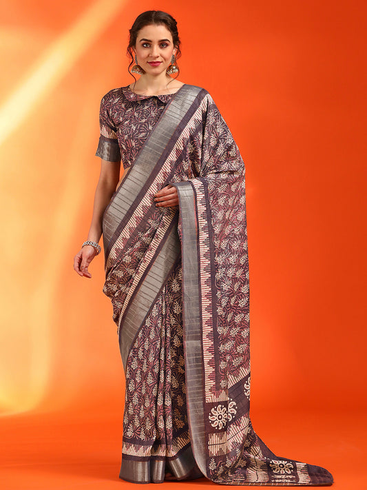 Women's Cotton Silk Burgundy Printed Designer Saree With Blouse Piece