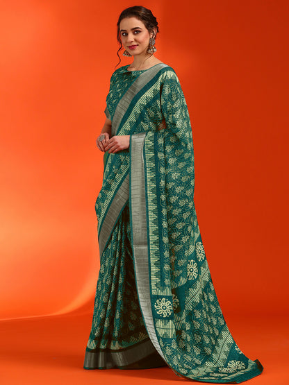 Women's Cotton Silk Teal green Printed Designer Saree With Blouse Piece