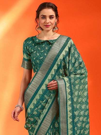 Women's Cotton Silk Teal green Printed Designer Saree With Blouse Piece