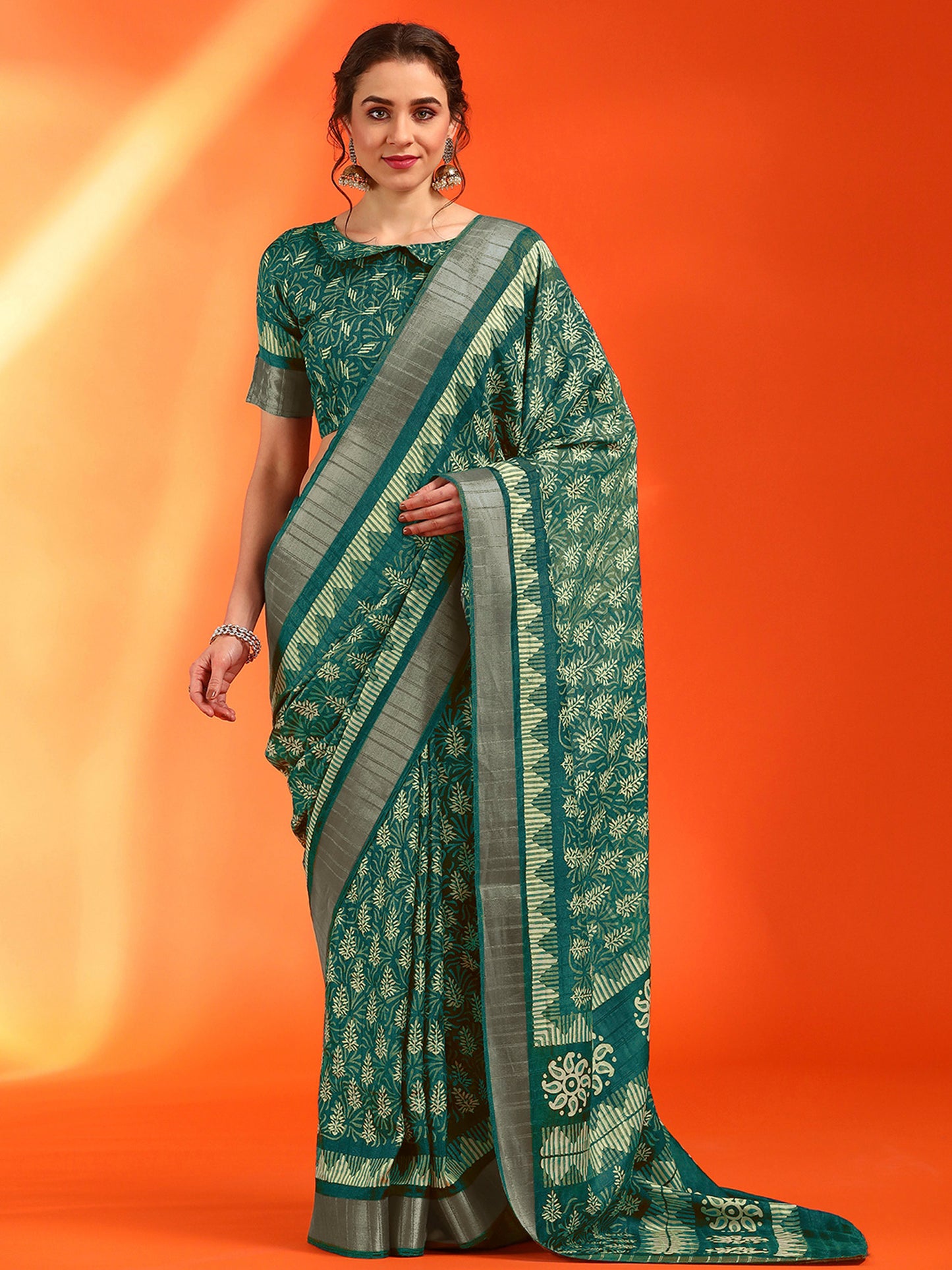 Women's Cotton Silk Teal green Printed Designer Saree With Blouse Piece