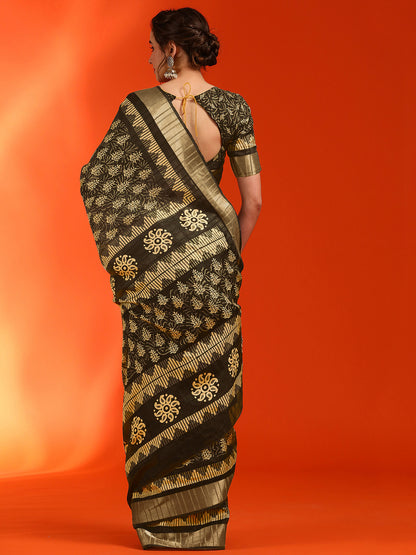 Women's Cotton Silk Olive Printed Designer Saree With Blouse Piece