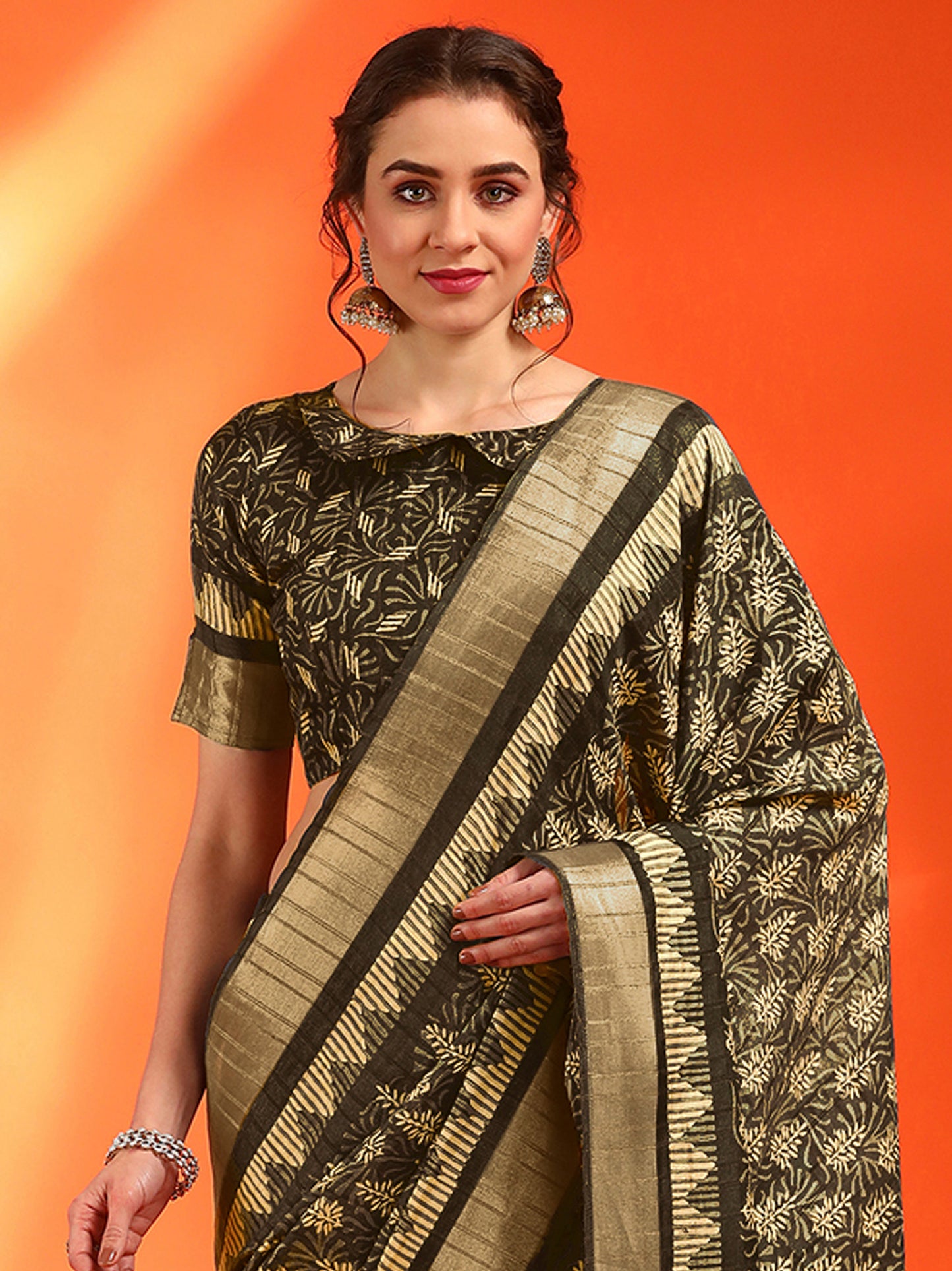 Women's Cotton Silk Olive Printed Designer Saree With Blouse Piece