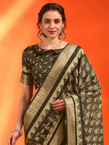 Women's Cotton Silk Olive Printed Designer Saree With Blouse Piece