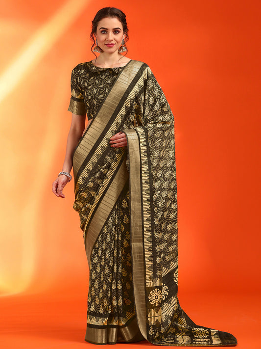 Women's Cotton Silk Olive Printed Designer Saree With Blouse Piece