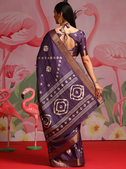 Women's Silk Blend Purple Printed Designer Saree With Blouse Piece