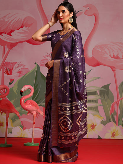 Women's Silk Blend Purple Printed Designer Saree With Blouse Piece