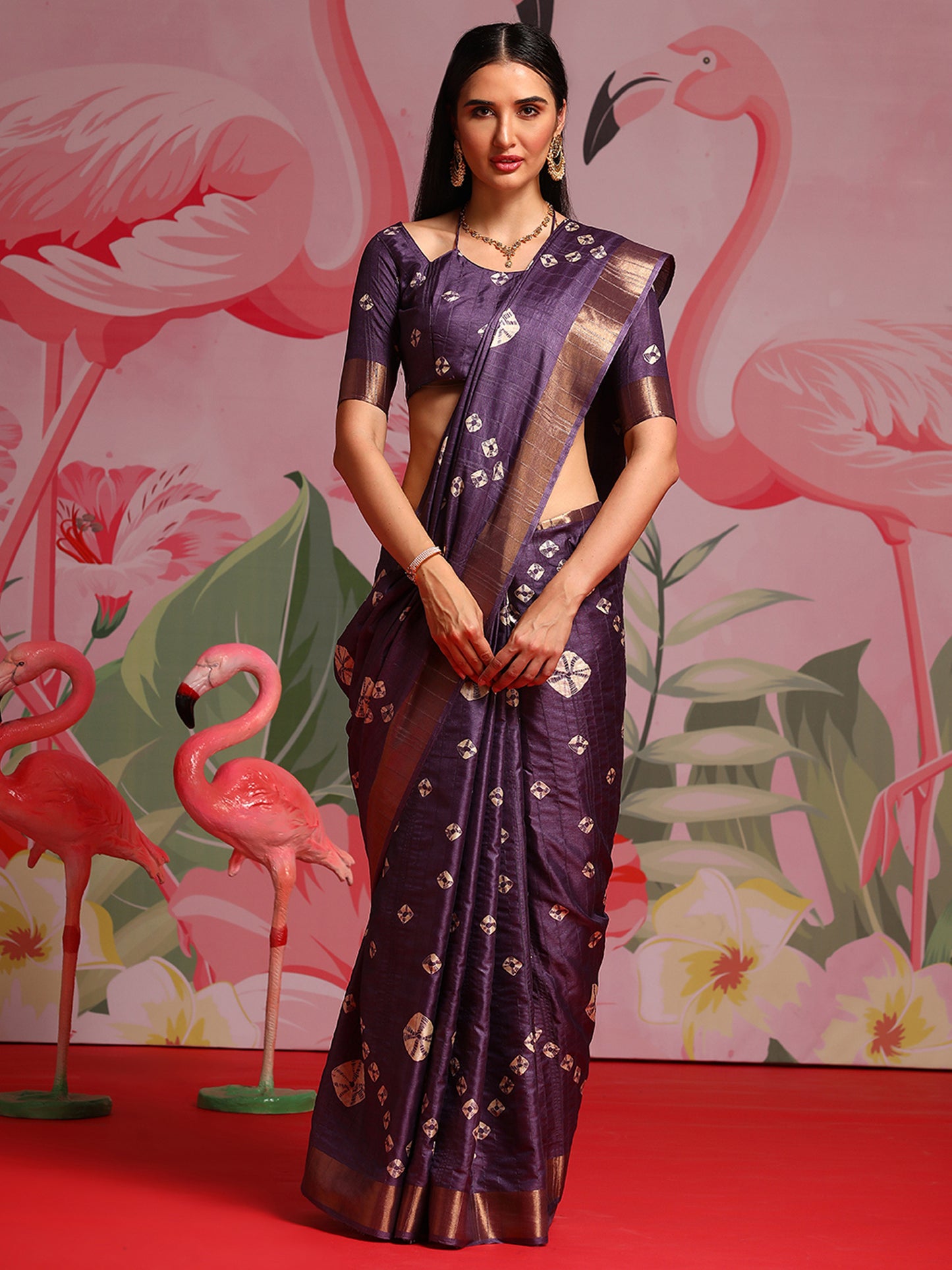 Women's Silk Blend Purple Printed Designer Saree With Blouse Piece