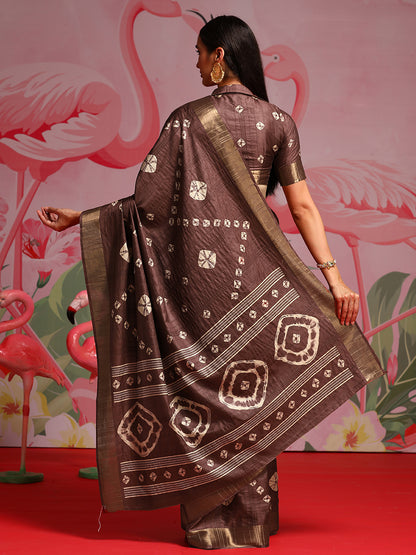 Women's Silk Blend Coffee Brown Printed Designer Saree With Blouse Piece
