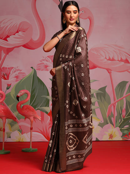 Women's Silk Blend Coffee Brown Printed Designer Saree With Blouse Piece