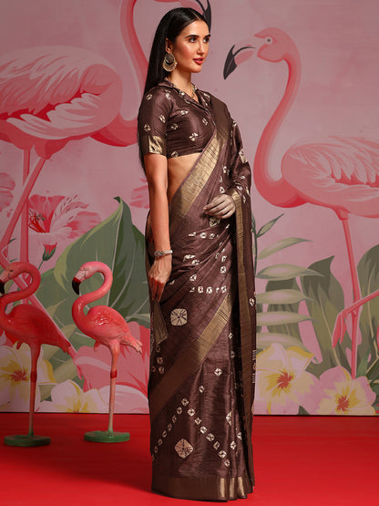 Women's Silk Blend Coffee Brown Printed Designer Saree With Blouse Piece