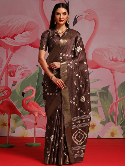 Women's Silk Blend Coffee Brown Printed Designer Saree With Blouse Piece