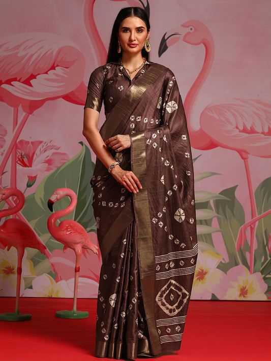 Women's Silk Blend Coffee Brown Printed Designer Saree With Blouse Piece