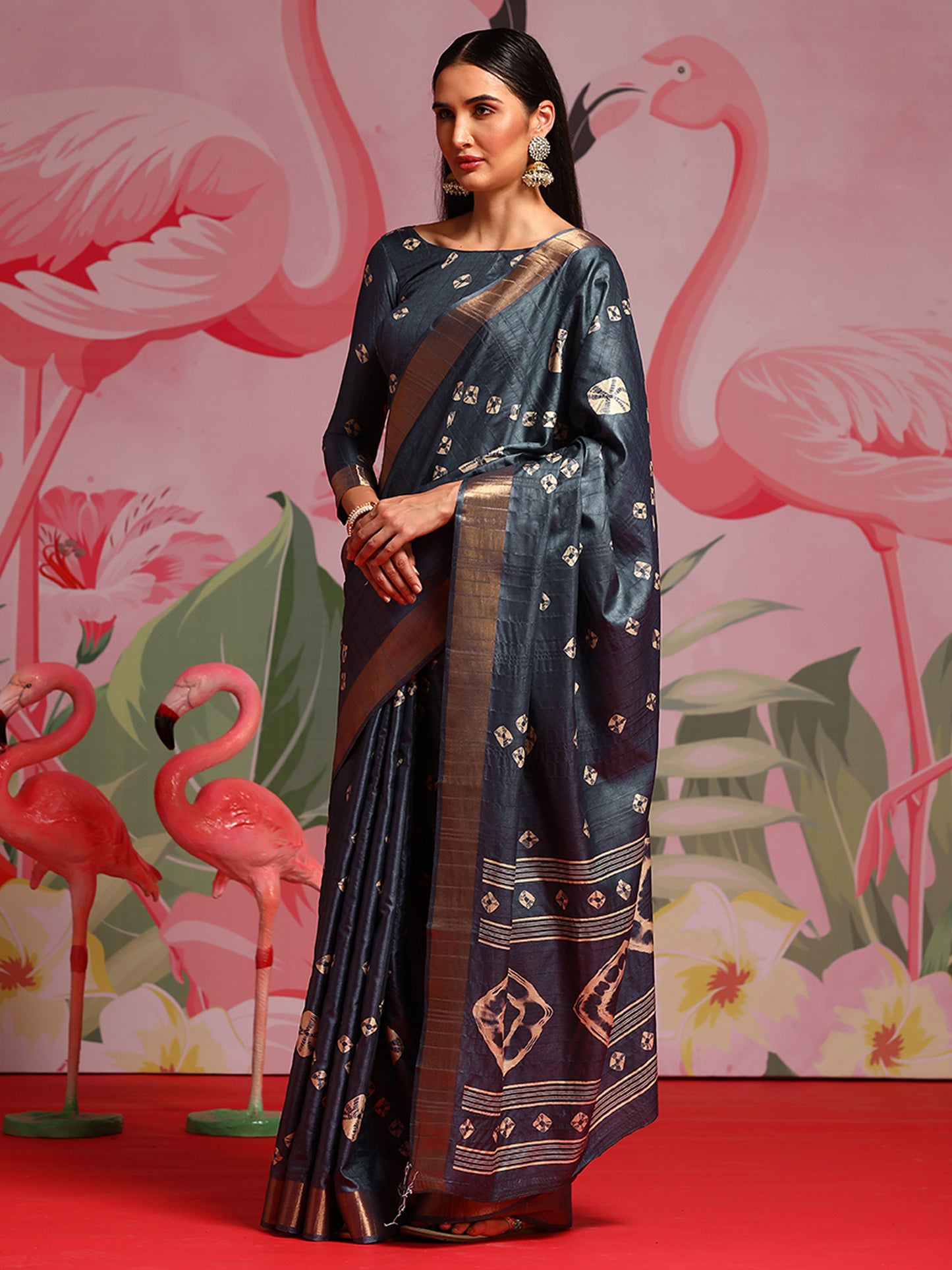 Women's Silk Blend Grey Printed Designer Saree With Blouse Piece