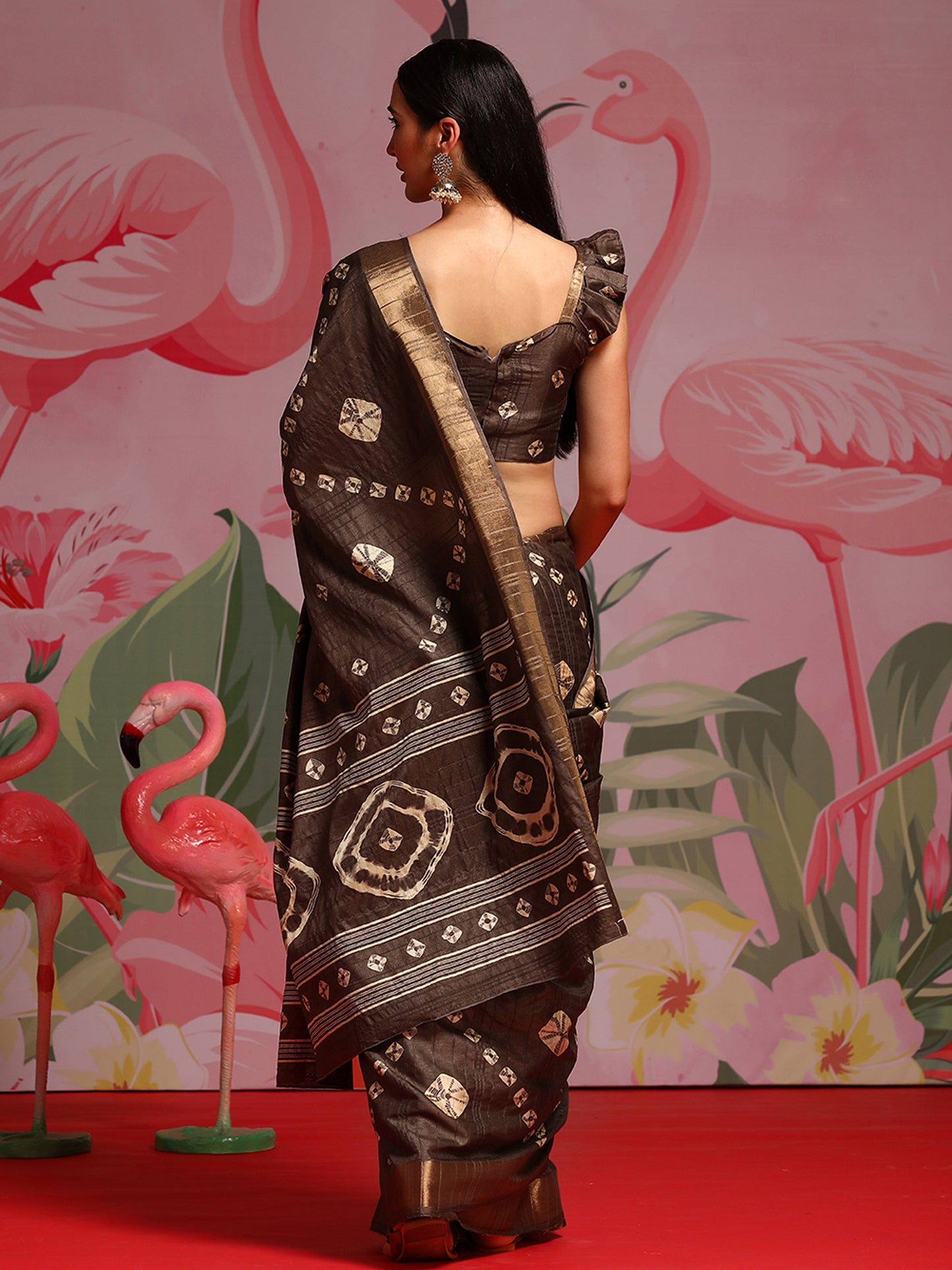 Women's Silk Blend Brown Printed Designer Saree With Blouse Piece