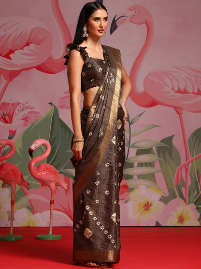 Women's Silk Blend Brown Printed Designer Saree With Blouse Piece