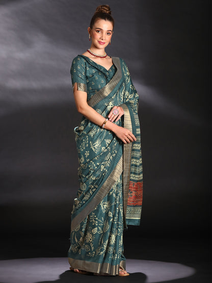 Women's Silk Blend Teal blue Printed Designer Saree With Blouse Piece