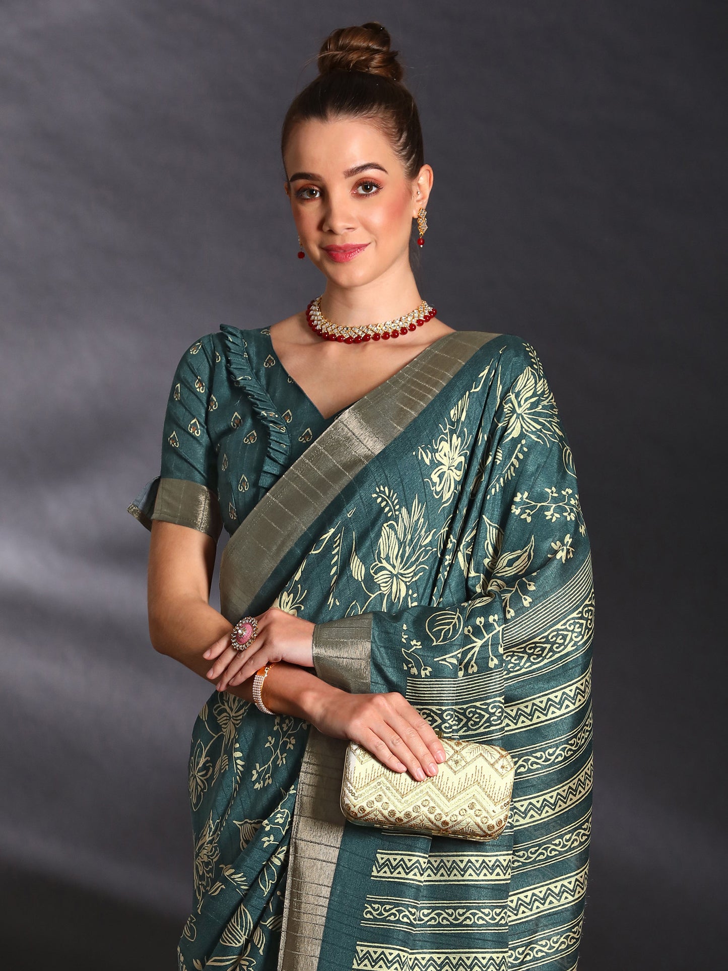Women's Silk Blend Teal blue Printed Designer Saree With Blouse Piece