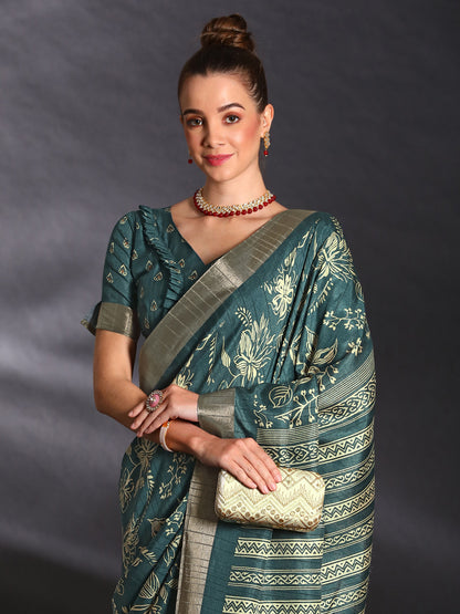 Women's Silk Blend Teal blue Printed Designer Saree With Blouse Piece