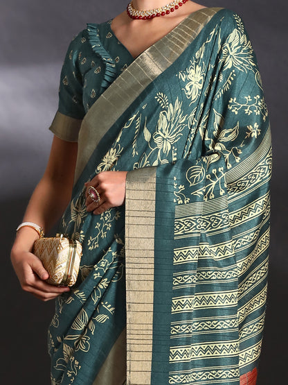 Women's Silk Blend Teal blue Printed Designer Saree With Blouse Piece