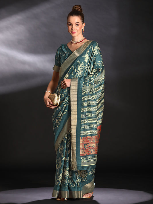 Women's Silk Blend Teal blue Printed Designer Saree With Blouse Piece