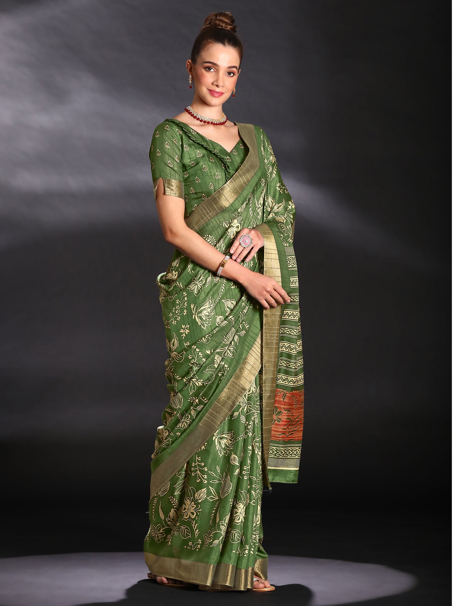 Women's Silk Blend Light Green Printed Designer Saree With Blouse Piece