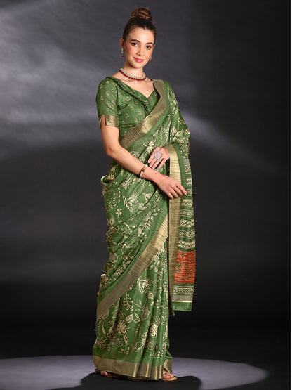 Women's Silk Blend Light Green Printed Designer Saree With Blouse Piece
