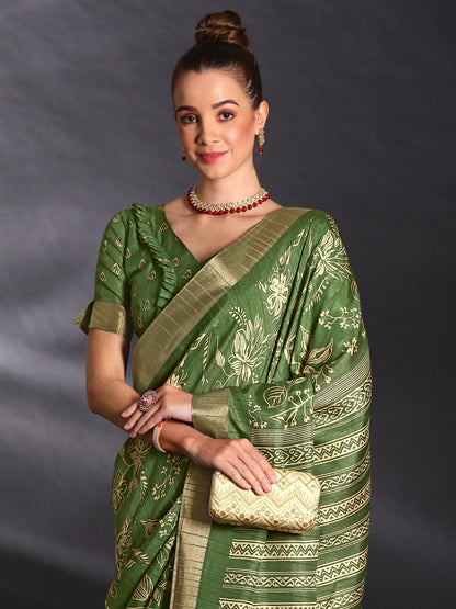 Women's Silk Blend Light Green Printed Designer Saree With Blouse Piece