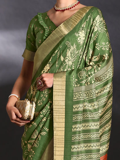 Women's Silk Blend Light Green Printed Designer Saree With Blouse Piece