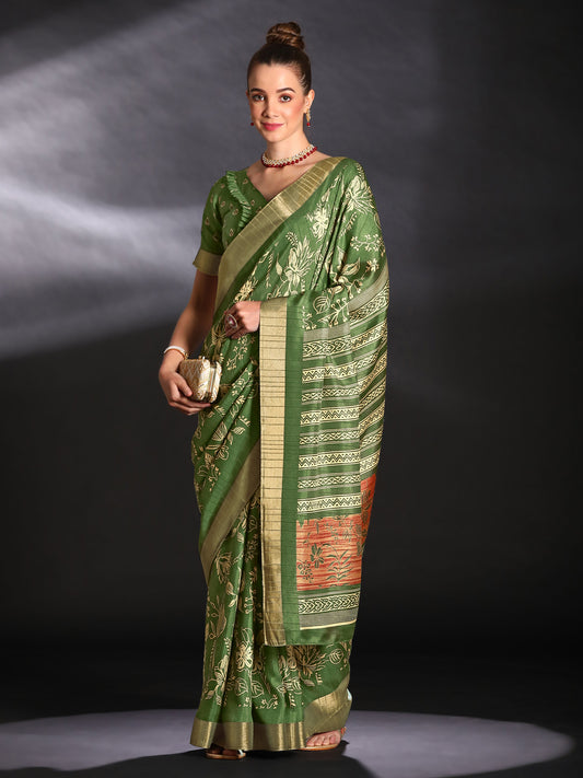 Women's Silk Blend Light Green Printed Designer Saree With Blouse Piece
