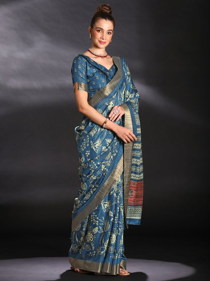 Women's Silk Blend Blue Printed Designer Saree With Blouse Piece