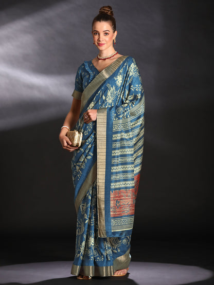 Women's Silk Blend Blue Printed Designer Saree With Blouse Piece