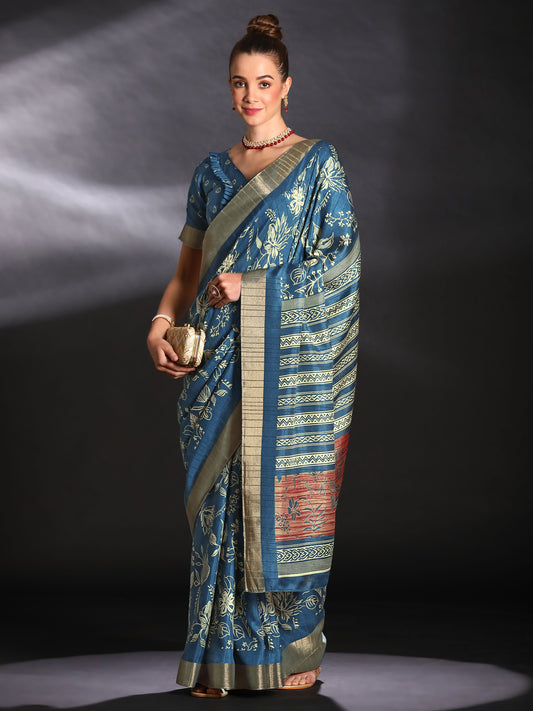 Women's Silk Blend Blue Printed Designer Saree With Blouse Piece