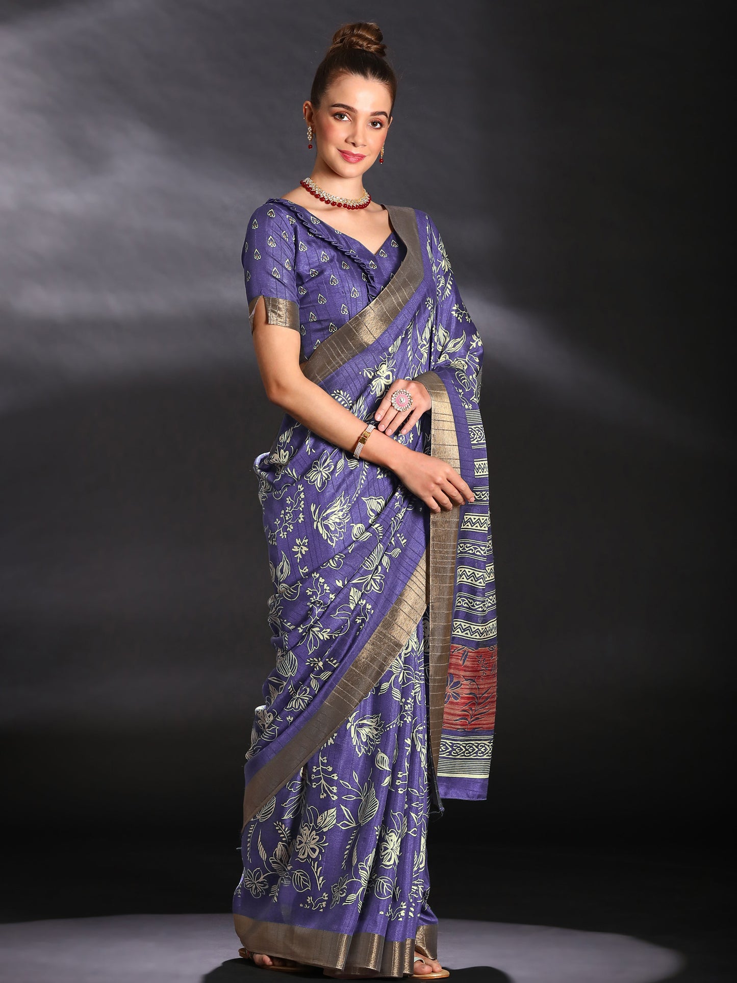 Women's Silk Blend Purple Printed Designer Saree With Blouse Piece