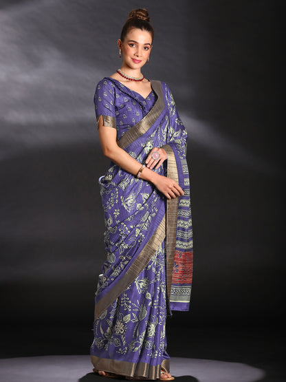 Women's Silk Blend Purple Printed Designer Saree With Blouse Piece