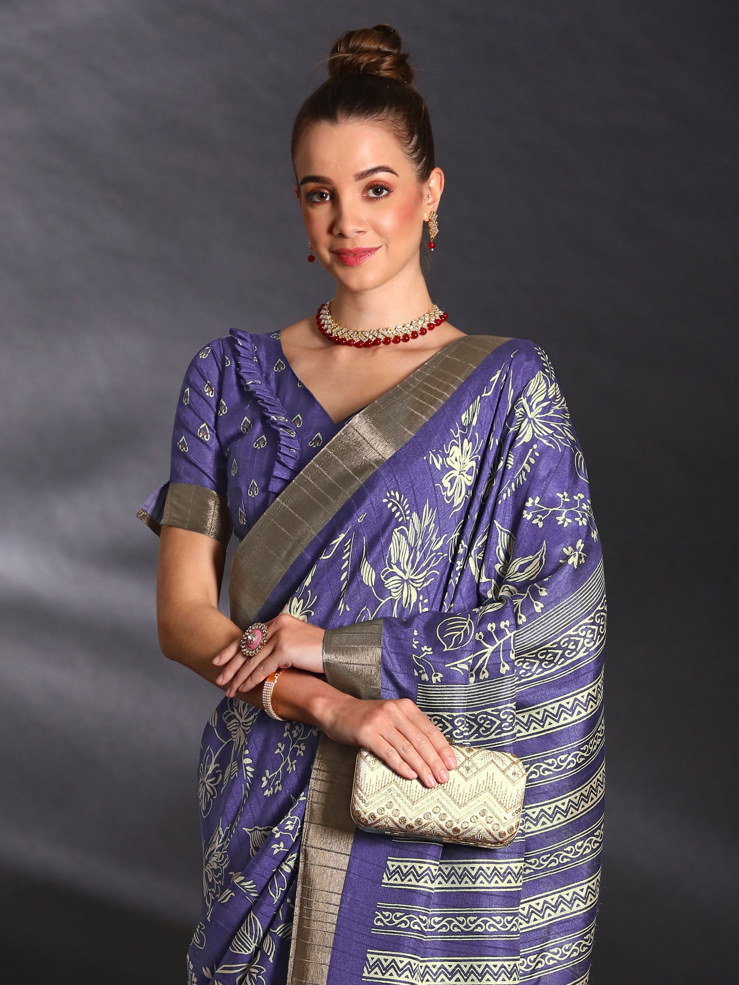 Women's Silk Blend Purple Printed Designer Saree With Blouse Piece