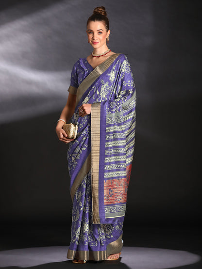 Women's Silk Blend Purple Printed Designer Saree With Blouse Piece