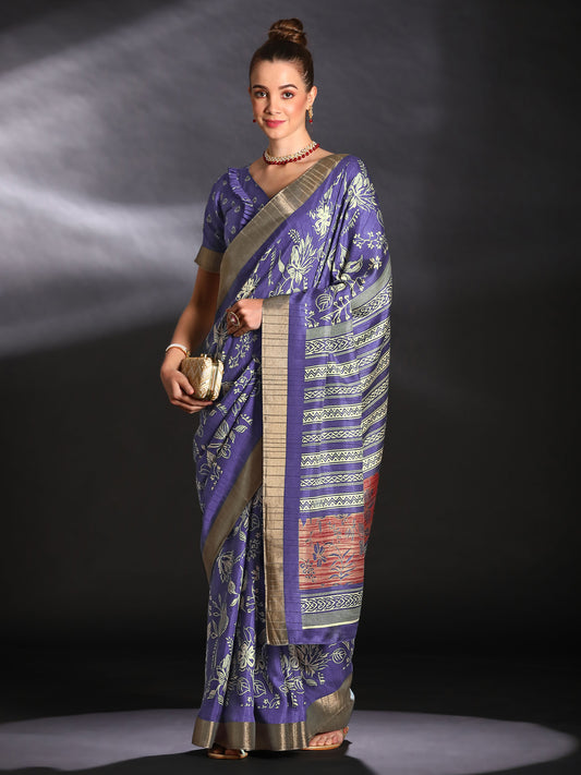 Women's Silk Blend Purple Printed Designer Saree With Blouse Piece