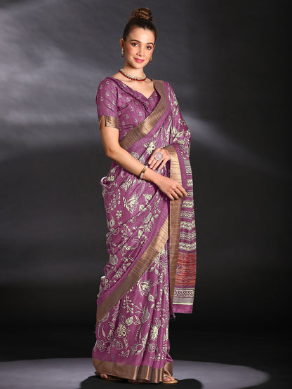 Women's Silk Blend Magenta Printed Designer Saree With Blouse Piece