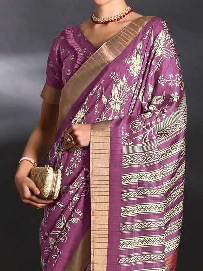 Women's Silk Blend Magenta Printed Designer Saree With Blouse Piece