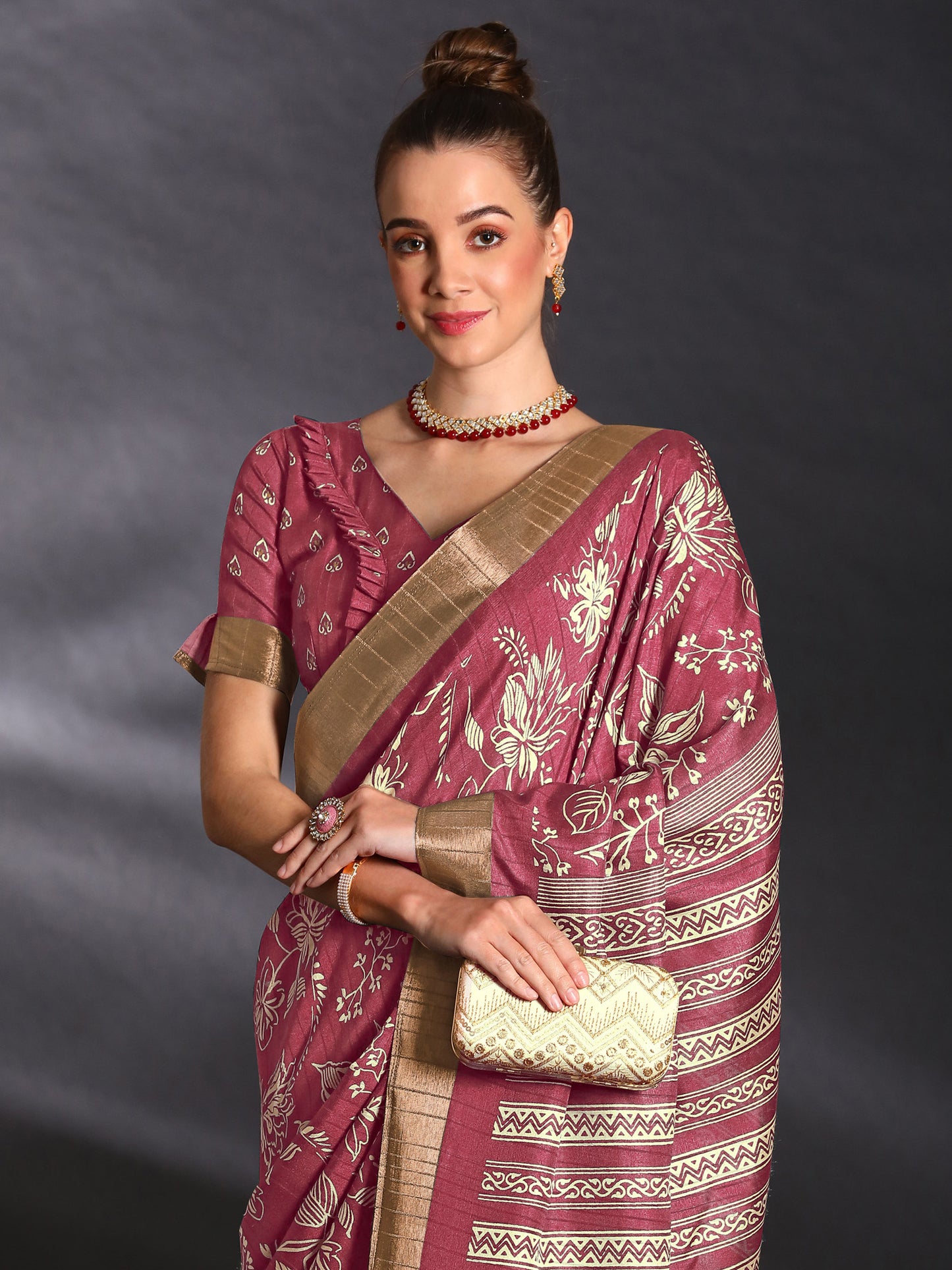 Women's Silk Blend Pink Printed Designer Saree With Blouse Piece