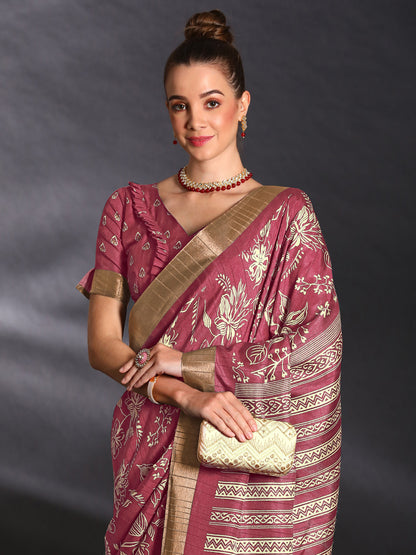 Women's Silk Blend Pink Printed Designer Saree With Blouse Piece