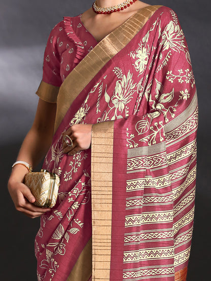 Women's Silk Blend Pink Printed Designer Saree With Blouse Piece