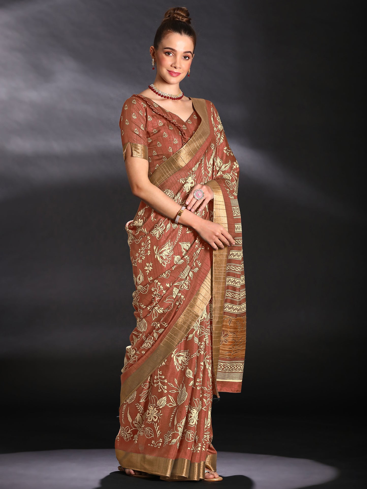 Women's Silk Blend Brown Printed Designer Saree With Blouse Piece