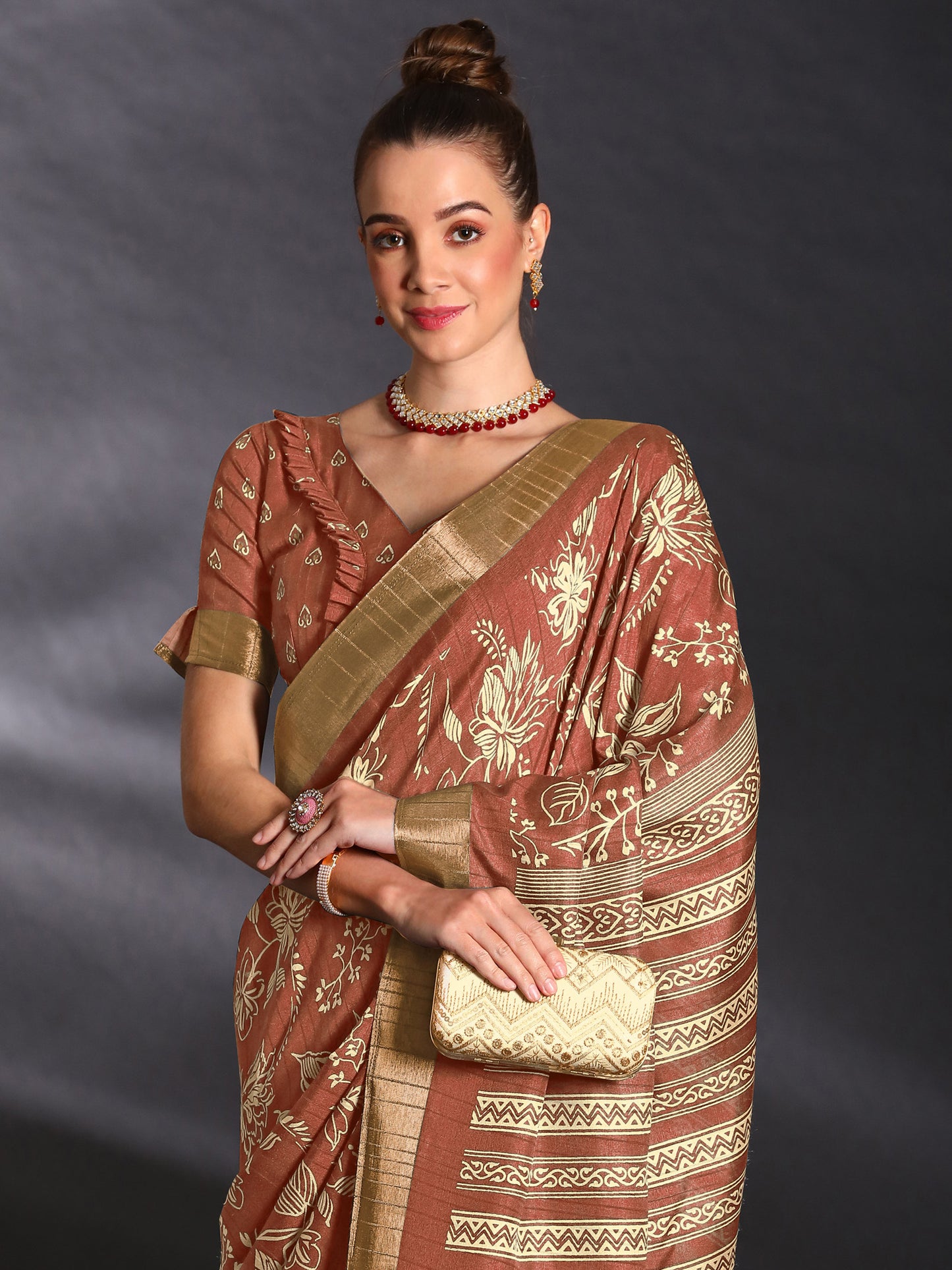 Women's Silk Blend Brown Printed Designer Saree With Blouse Piece