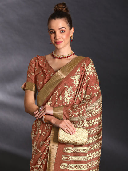 Women's Silk Blend Brown Printed Designer Saree With Blouse Piece