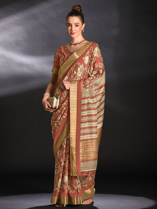 Women's Silk Blend Brown Printed Designer Saree With Blouse Piece